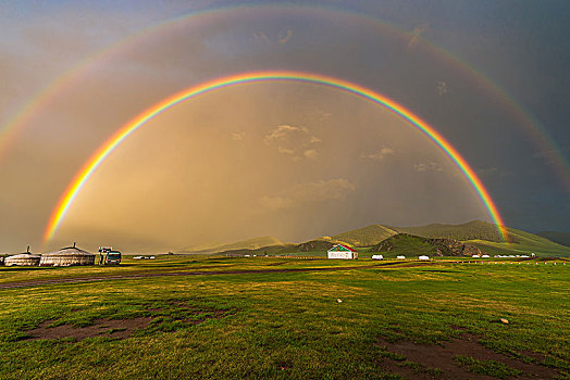 一对,彩虹,高处,游牧,蒙古包,绿色,风景,蒙古,亚洲