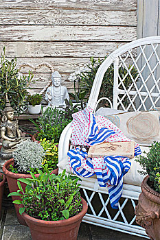盆栽,药草,佛像,白色,兰花,靠近,柳条椅,花园