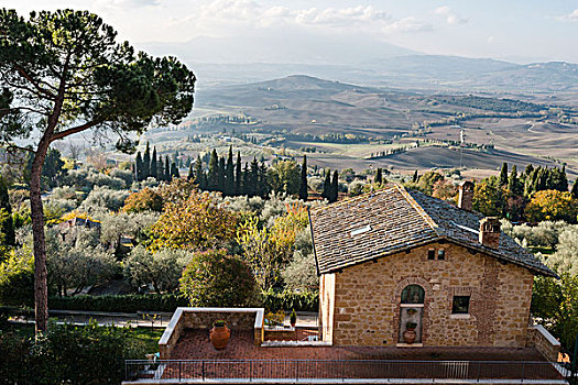 漂亮,意大利,风景,无限,绿色,灰色,托斯卡纳,山,小,石头,皮恩扎,房子,前景