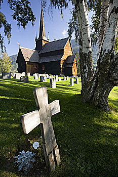 斯堪的纳维亚,挪威,洛姆,教堂,墓地,山村