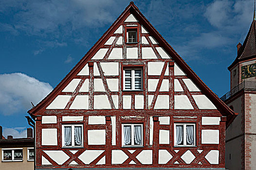 山墙,老,半木结构房屋,上弗兰科尼亚,巴伐利亚,德国,欧洲
