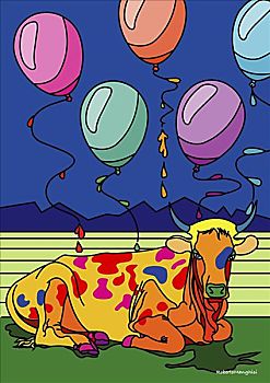 插画,涂绘,母牛,气球