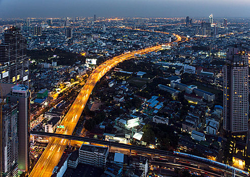 风景,塔,高速公路,城市,公路,黃昏,地区,曼谷,泰国,亚洲