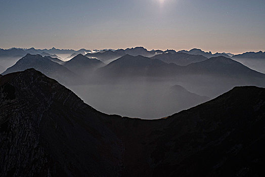 清晨,上方,阿尔卑斯山,巴伐利亚阿尔卑斯山,上巴伐利亚,巴伐利亚,德国
