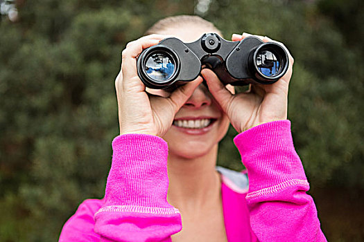 女性,远足,看穿,双筒望远镜,特写