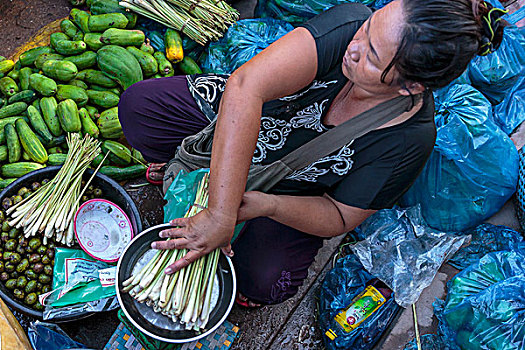 市场,女人,称重,一些,柠檬草,万象,老挝