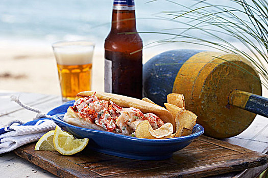 龙虾,三明治,松脆食品,啤酒,海洋