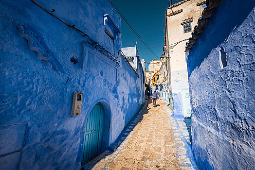 狭窄,小路,蓝色,房子,麦地那,舍夫沙万,沙温,摩洛哥,非洲