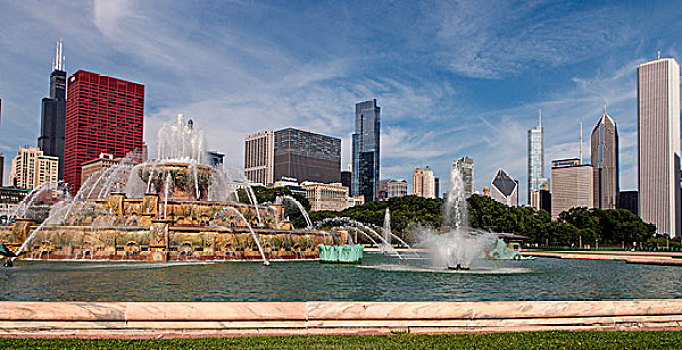 白金汉,纪念,喷泉,公园,天际线,芝加哥,伊利诺斯,美国