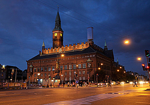 市政厅,城镇广场,夜晚,哥本哈根,丹麦,斯堪的纳维亚