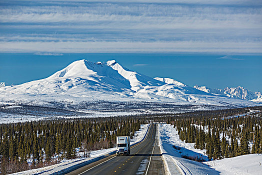 半挂车,公路,靠近,冬天,阿拉斯加,美国
