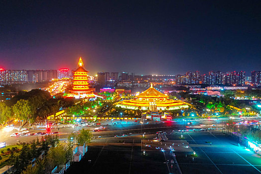 航拍河南洛阳隋唐洛阳城国家遗址公园,明堂天堂景区,夜景