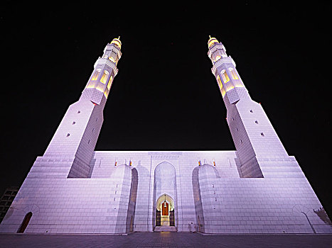 夜景,穆罕默德,清真寺,尖塔,光亮,马斯喀特,阿曼,亚洲