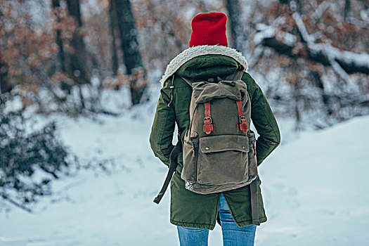 后视图,美女,背包,站立,积雪,地点