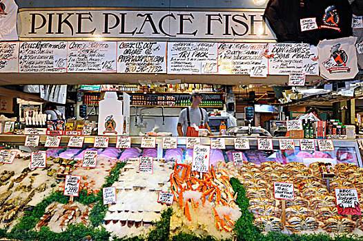 鱼贩,鲜海产,唐金蟹,烹饪,石头,地点,公用,市场,鱼市,西雅图,华盛顿,美国