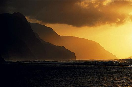 日落,纳帕利海岸,考艾岛,夏威夷,美国,北美