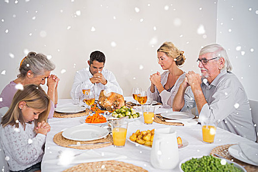 家庭,饭前祷告,吃,火鸡