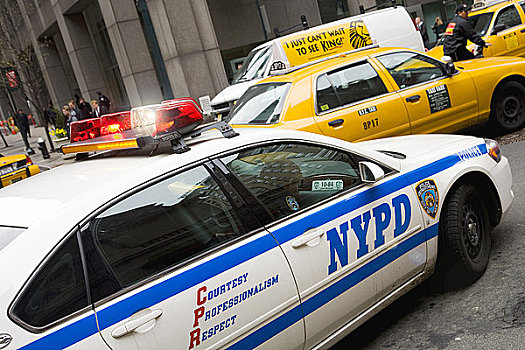 警察,巡逻车,黄色出租车,出租车,曼哈顿,市中心,纽约,美国,北方,图像