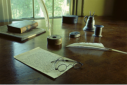 羽毛笔,眼镜,纸,书本,老式,书桌,房子
