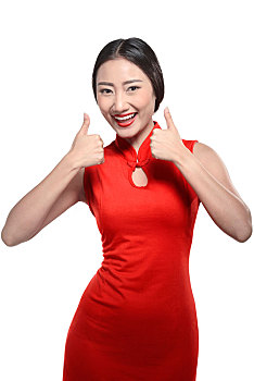 中国人,女人,旗袍,连衣裙,展示,竖大拇指