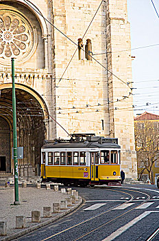 黄色,有轨电车,大教堂,里斯本,葡萄牙