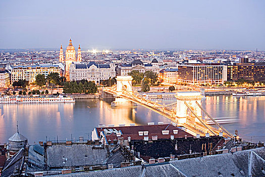 光亮,链子,桥,大教堂,黃昏,布达佩斯,匈牙利,东欧