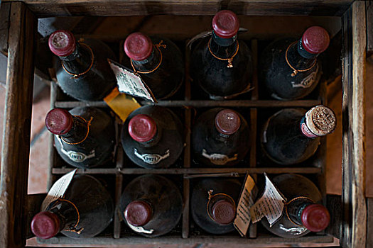 板条箱,老,葡萄酒瓶,俯拍