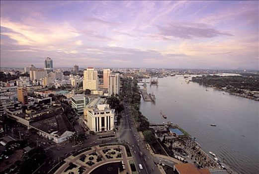 越南,城市,黄昏,俯视图,建筑,河