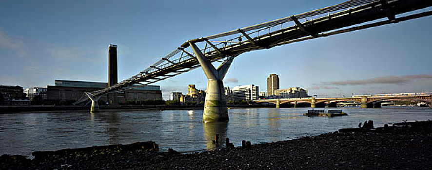 泰特现代美术馆,千禧桥,退潮,泰晤士河,全景,伦敦