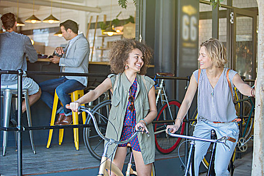 微笑,女人,自行车,户外,咖啡,内庭
