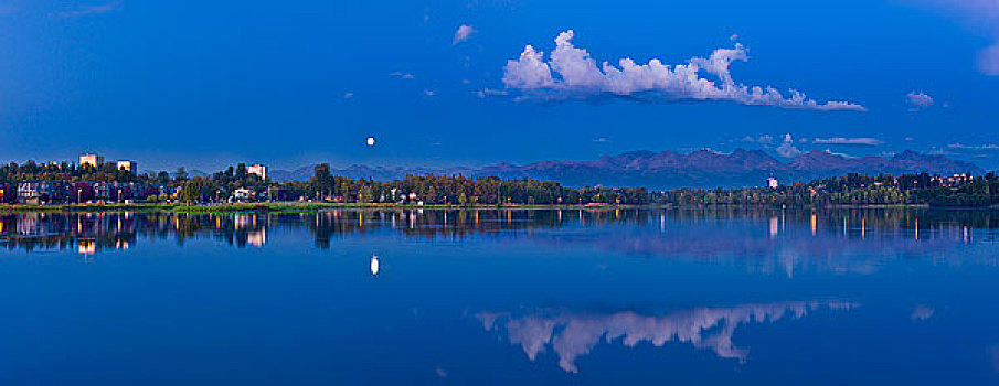 黎明,满月,上方,维切斯特,泻湖,市区,阿拉斯加,秋天