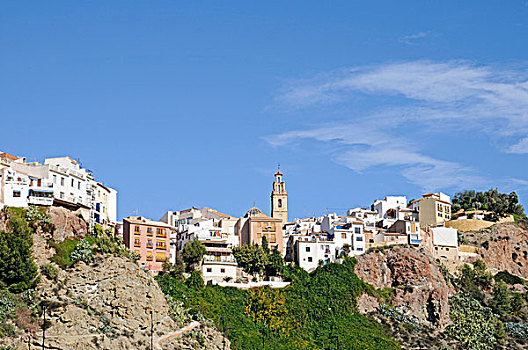 房子,教堂,陡峭,山村,白色海岸,阿利坎特省,西班牙,欧洲