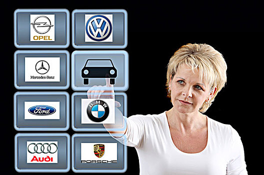 女人,工作,虚拟,显示屏,触摸屏,德国人,汽车,商标