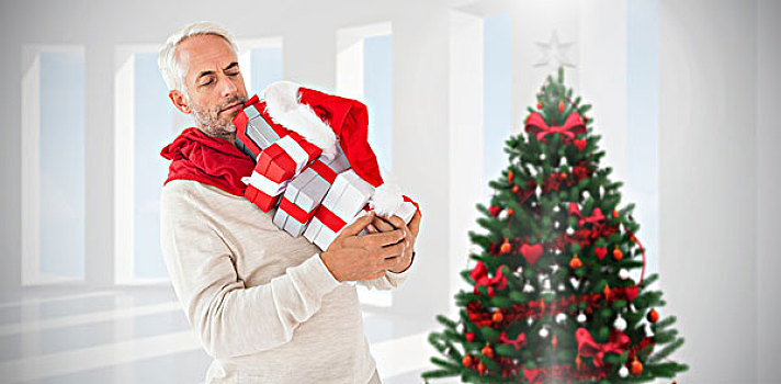 合成效果,图像,高兴,喜庆,男人,礼物,家,圣诞树