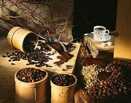 咖啡豆,地面,咖啡,一杯咖啡