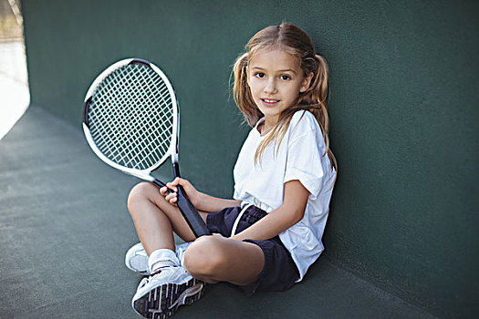 女孩,头像,拿着,网球拍,坐,球场