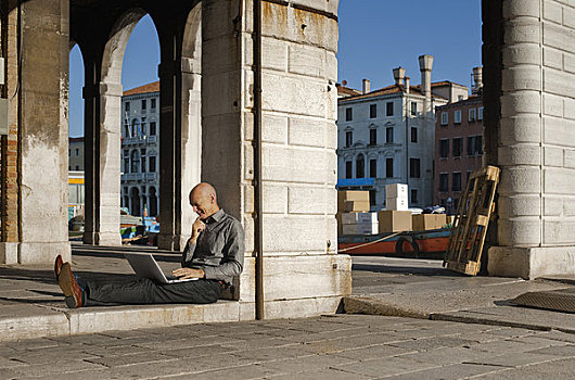 意大利,威尼斯,男人,无线网络,笔记本电脑,柱子,大运河,背景