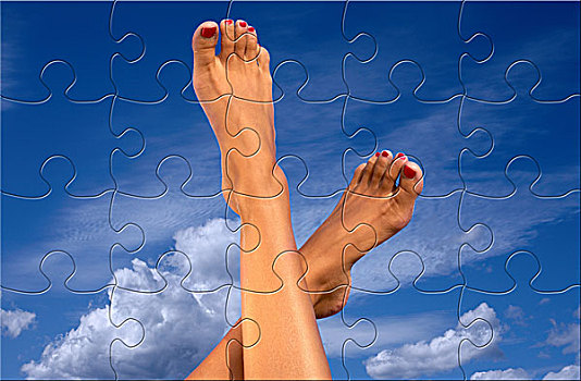 谜题,女性,腿,上方,蓝天,云
