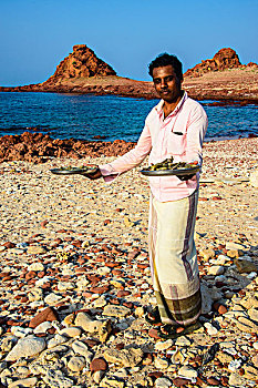 男人,展示,新鲜,虾,岛屿,索科特拉岛,也门,亚洲