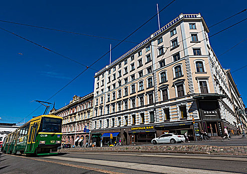 有轨电车,街上,亚当斯,建筑,设计,地区,赫尔辛基,芬兰