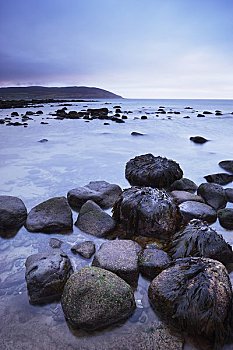 岩石,海滩,靠近,指点,黃昏,阿兰岛,北爱尔郡,克莱德峡湾,苏格兰