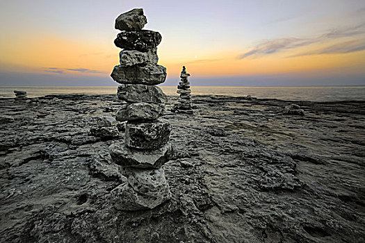 石头,雕塑,圆点,海岸线,太阳,仰视,地平线,洞穴,湾,威斯康辛,美国