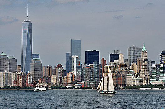 帆船,哈得逊河,正面,南,曼哈顿,摩天大楼,纽约,美国