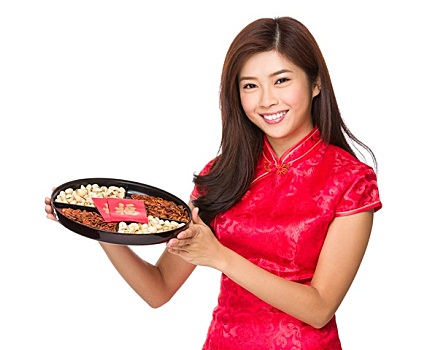 亚洲女性,展示,餐食,托盘