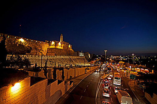 耶路撒冷,老城,光亮,墙壁,夜晚,塔,中心,左边,以色列