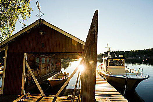 船库,斯德哥尔摩群岛,黎明,瑞典