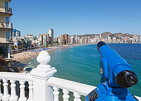 望远镜,栏杆,视点,海滩,贝尼多姆,阿利坎特省,白色海岸,西班牙