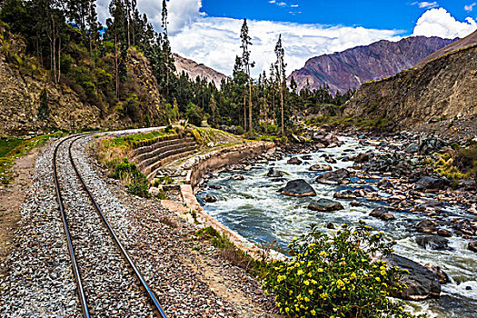 列车,轨道,旁侧,河,景色,旅途,神圣峡谷,印加,安迪斯山脉,秘鲁