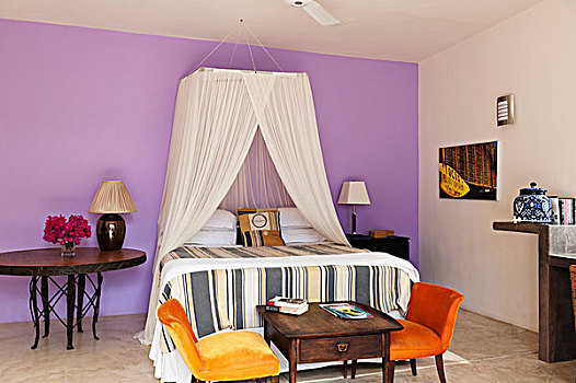 双人床,网,篷子,橙色,天鹅绒,椅子,丁香,卧室