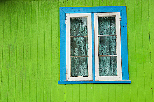 特写,绿色,木屋,蓝色,窗户,向风,格林纳达,加勒比海